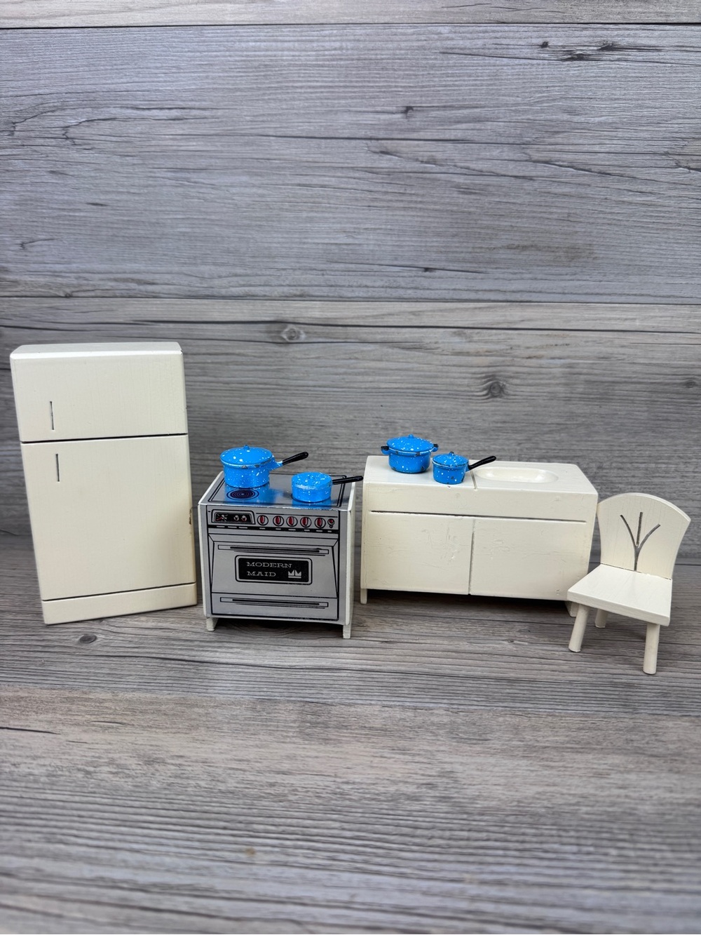 Vintage Halls Lifetime Toys Kitchen Dollhouse Fridge Sink Oven Chair Enamel Pots